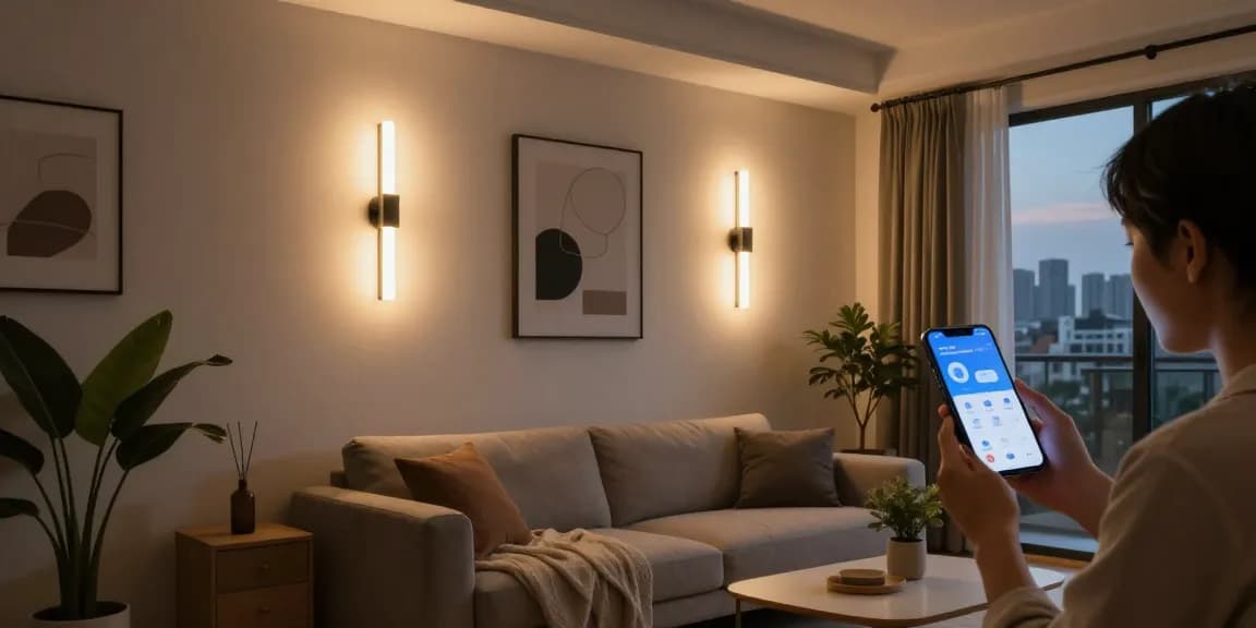 Aplica LED elegante iluminând un living modern, cu o atmosferă caldă și primitoare.