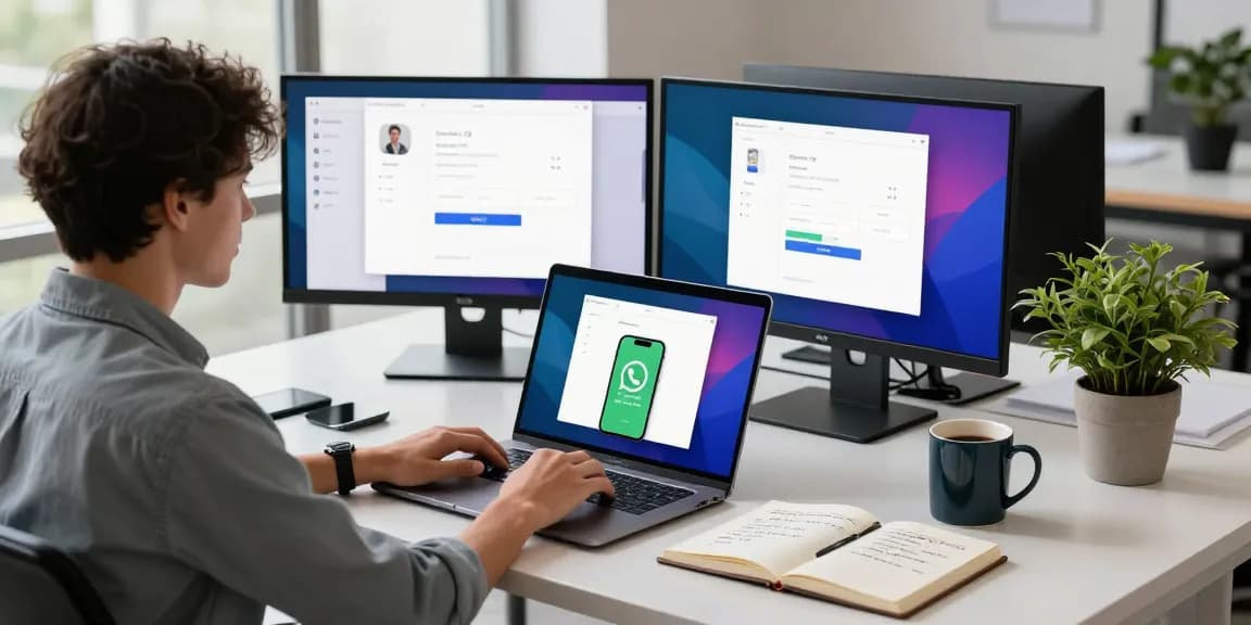 Downloading WhatsApp下載 on smartphone from a sleek workspace with natural light and tech elements.