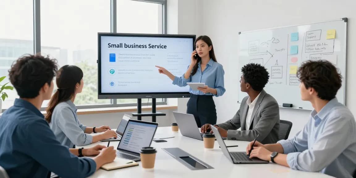 Team discussing small business phone service features in a modern office setting.