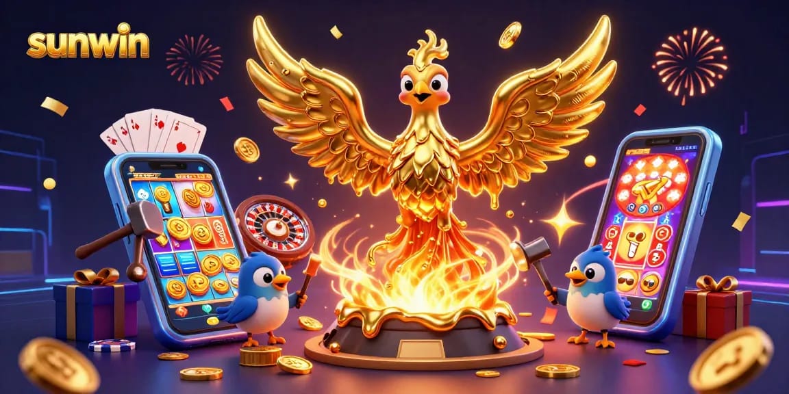 Experience the excitement of sunwin with a golden phoenix rising amid casino elements and vibrant energy.
