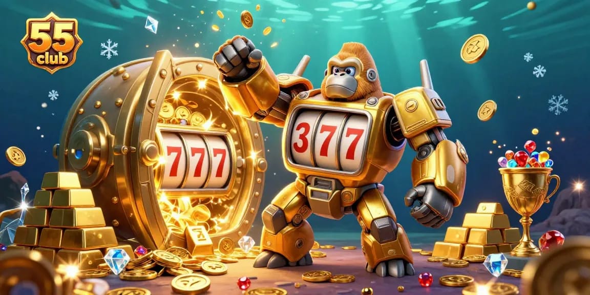Experience thrilling jackpots with 55club, featuring a dynamic golden gorilla mech among sparkling treasures.