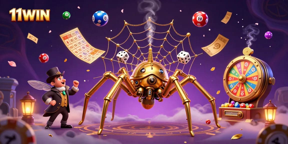 Win big with 11WIN in a vibrant 3D casino scene filled with colorful lottery elements.