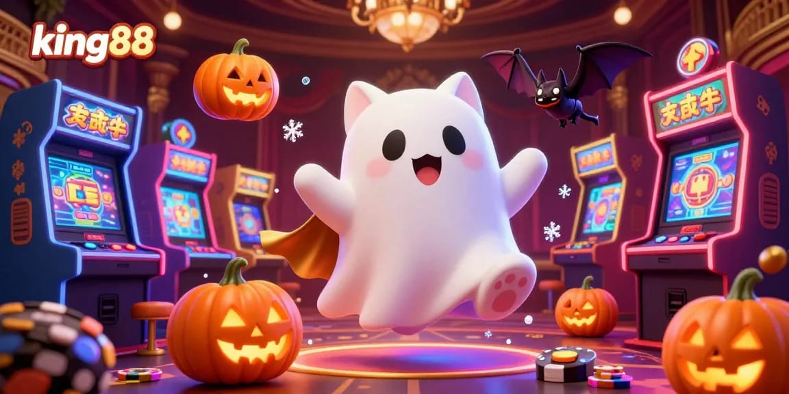 Experience the thrill of king88 as a friendly ghost cat and bat navigate a bustling casino environment.