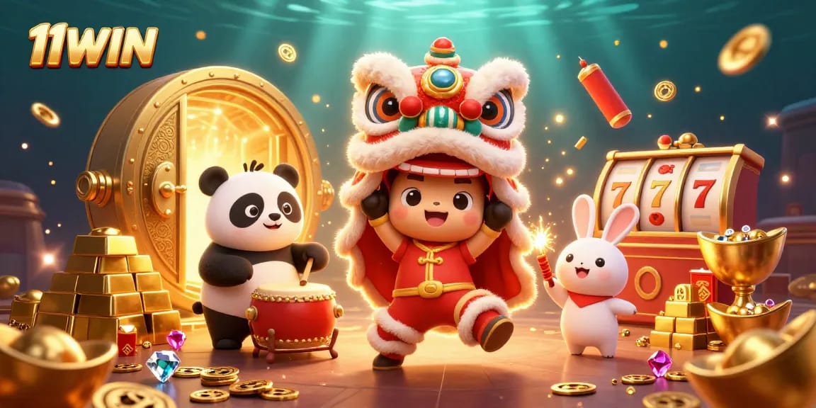 Experience thrilling slot action with 11WIN's vibrant lion dance illustration, showcasing festive characters and gold!