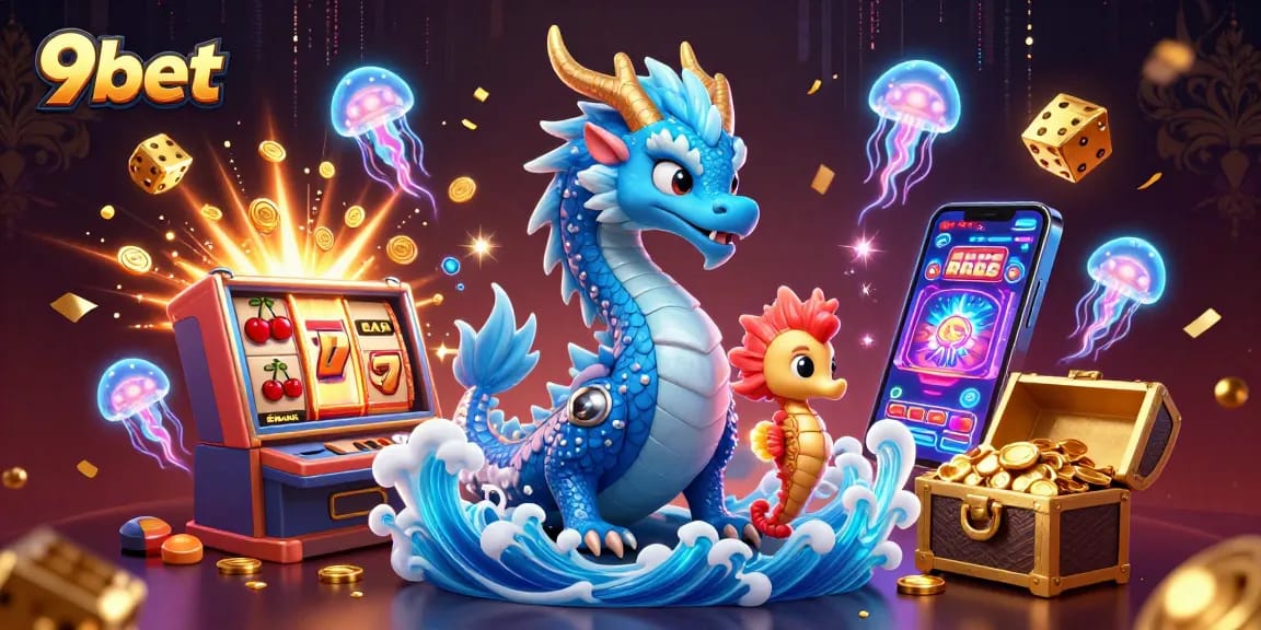 Engage in thrilling gameplay at 9bet with colorful slots, a water dragon, and vibrant casino elements.