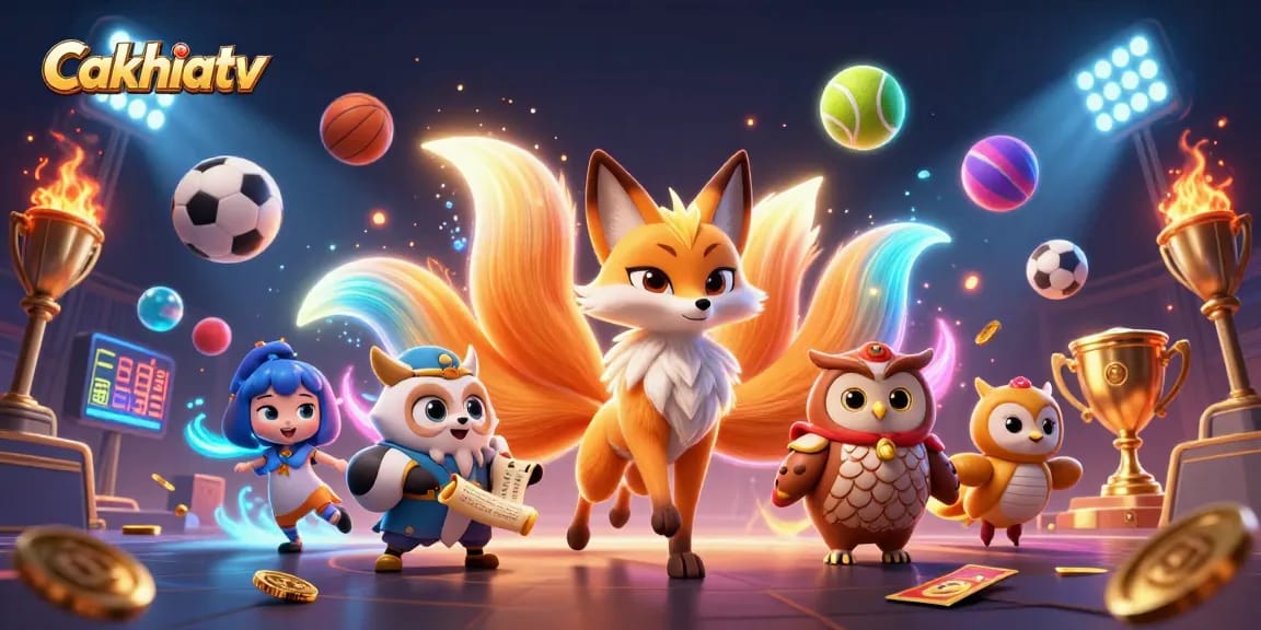 Experience Cakhiatv's vibrant sports betting with a dynamic 3D illustration featuring animated characters and casino elements.
