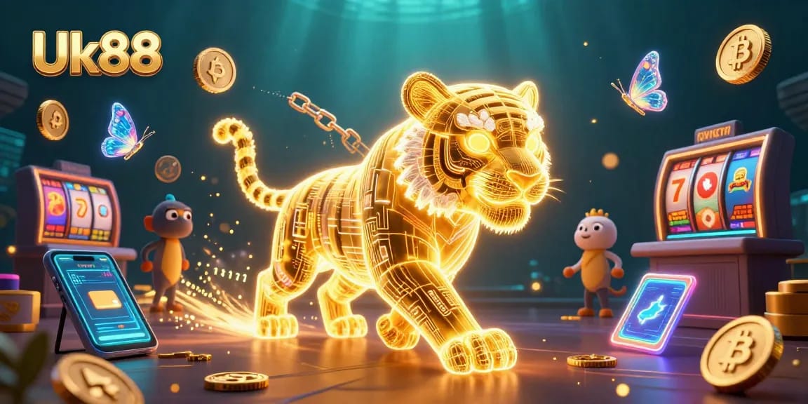 Experience the vibrant world of Uk88 with a neon tiger and digital casino elements.
