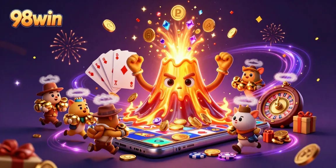 Experience thrilling wins at 98win with vibrant casino elements and treasure-filled adventure.