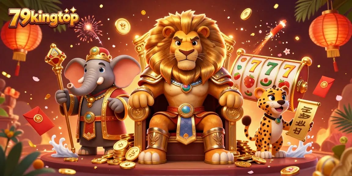 Experience exciting gaming at 79kingtop with a lion king and vibrant casino elements.