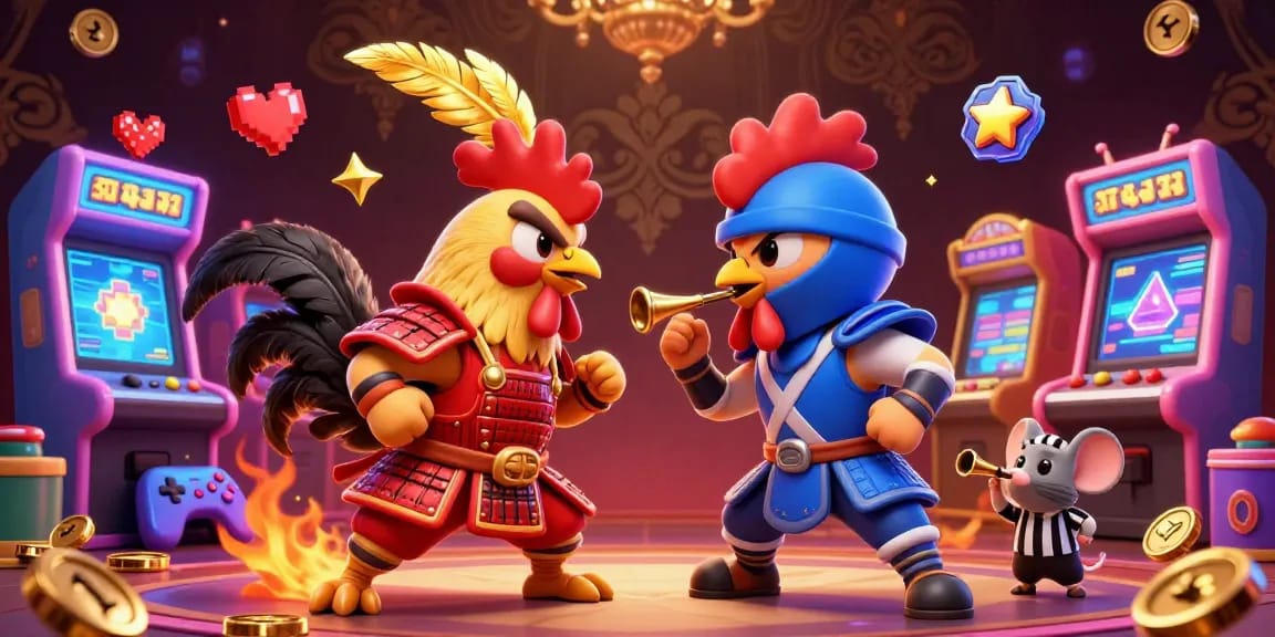 B52Club betters relish in the epic showdown of twin fighting roosters amidst vibrant arcade game elements.