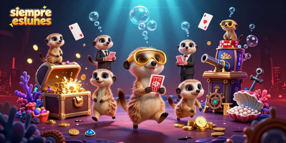 Engage with siempreeslunes while enjoying a vibrant casino scene with meerkats running a gaming operation.