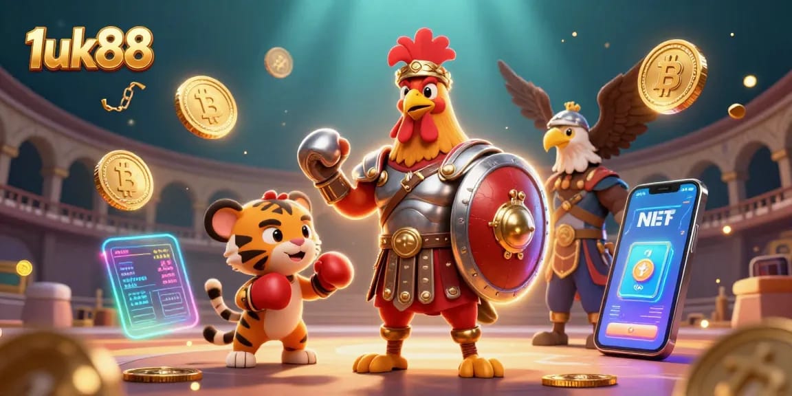 Unleash the fun at 1uk88 with a gladiator rooster and tiger cub in a vibrant casino setting.