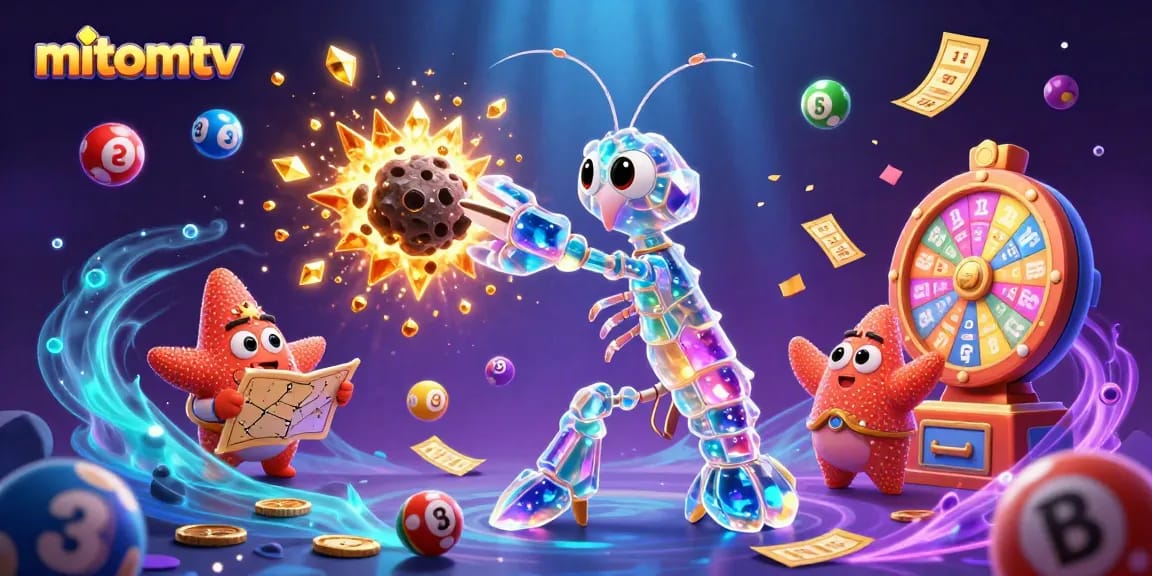 Experience essential game mastery with mitomtv's thrilling lottery features in this vivid digital illustration.