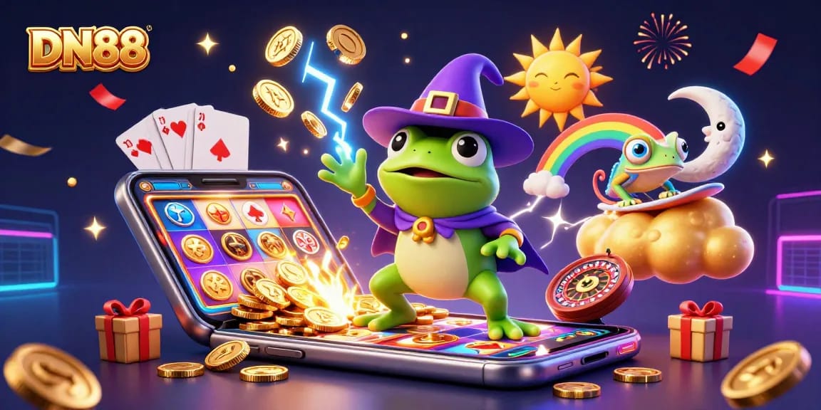 Win exciting rewards at DN88 with a vibrant 3D casino scene full of games and golden coins.