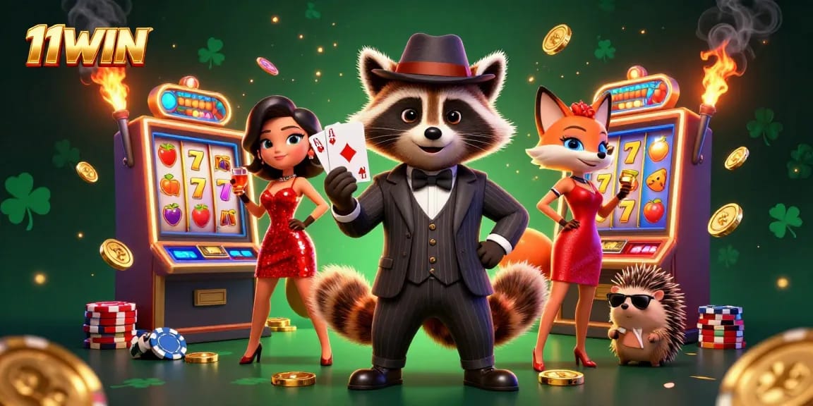 Experience the thrill of 11WIN with a suave raccoon and friends enjoying colorful slot games.