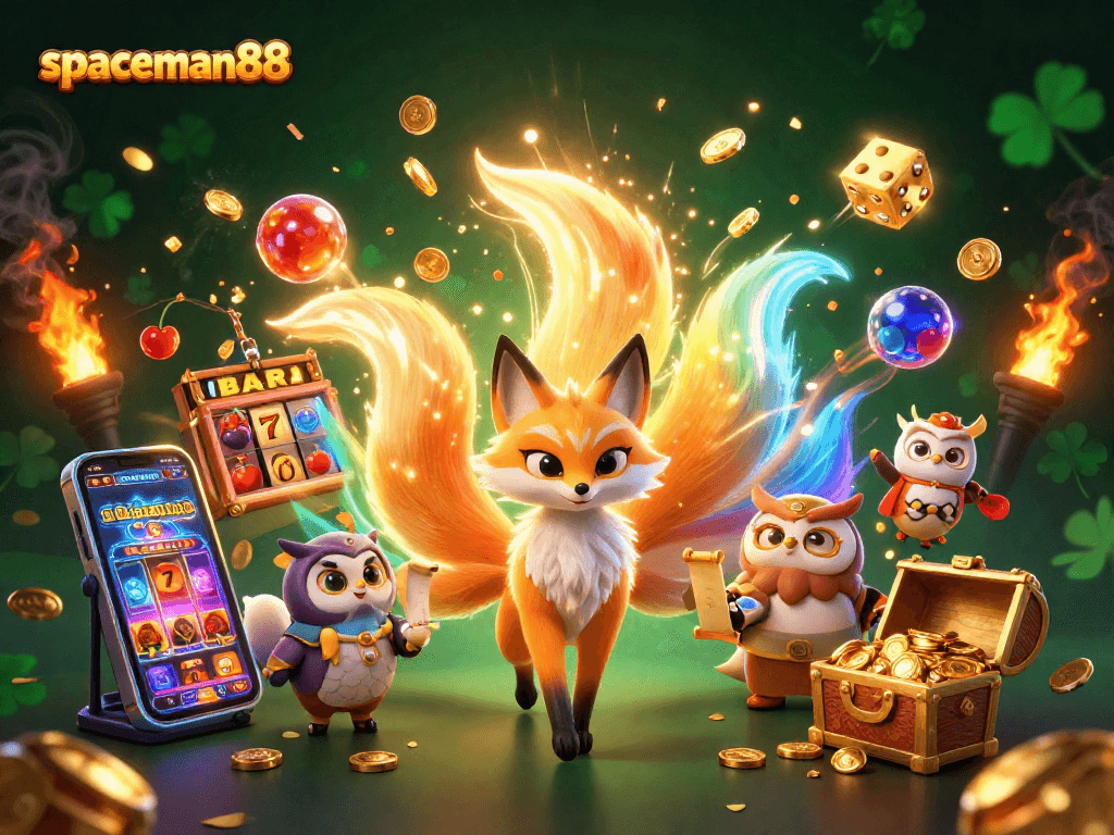 Experience the thrill with spaceman88 as colorful slot symbols and characters celebrate jackpot wins.