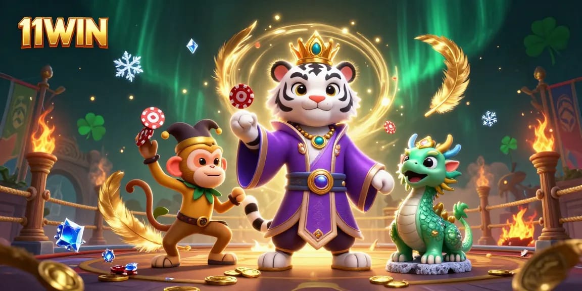 Experience the thrilling world of 11WIN with a dynamic casino scene featuring rich characters and game elements.