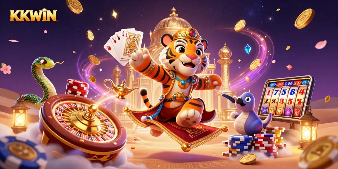 Join the KKWIN adventure as the tiger sultan on a poker chip carpet amidst vivid casino elements.