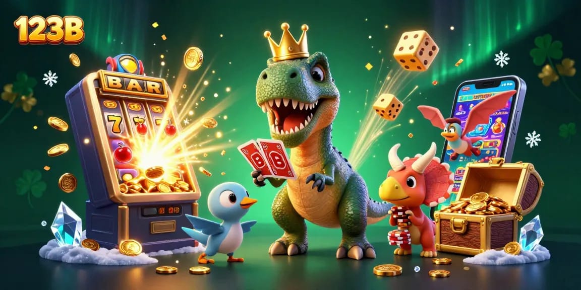 Engaging 123B casino scene with T-Rex playing cards and triceratops stacking chips amidst a dynamic jackpot explosion.