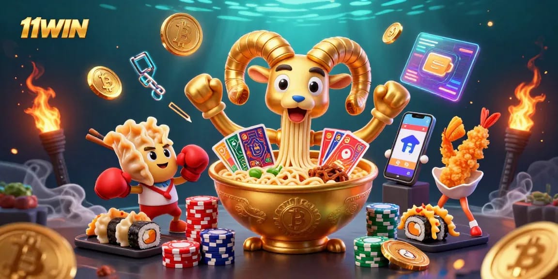 Win exciting games with 11WIN's dynamic casino scene featuring crypto elements and vibrant characters.