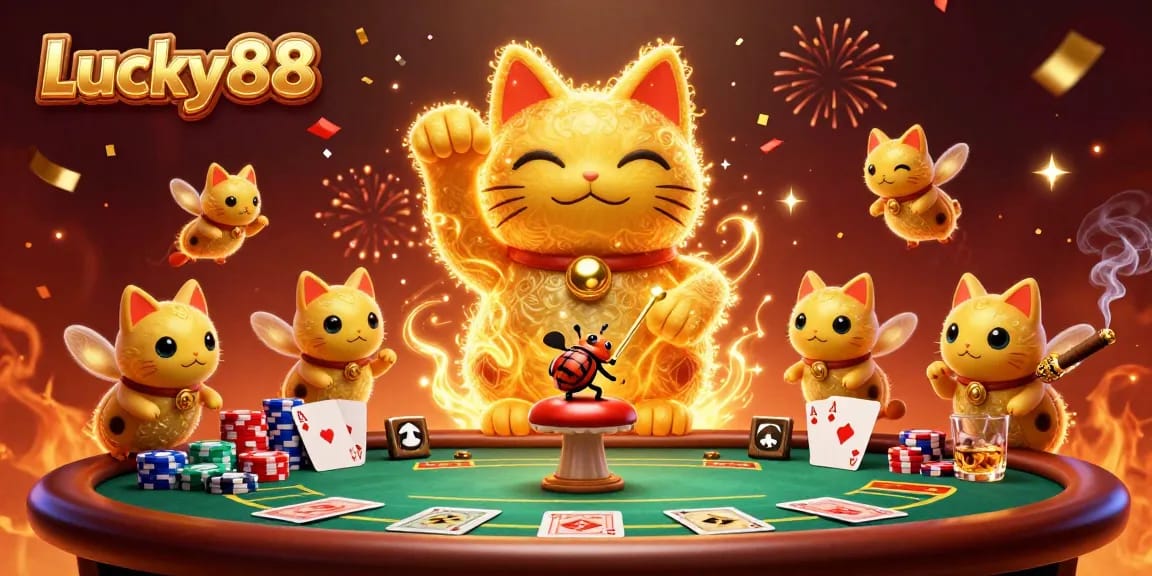 Experience excitement with the Lucky88 giant lucky cat in a dynamic casino scene.