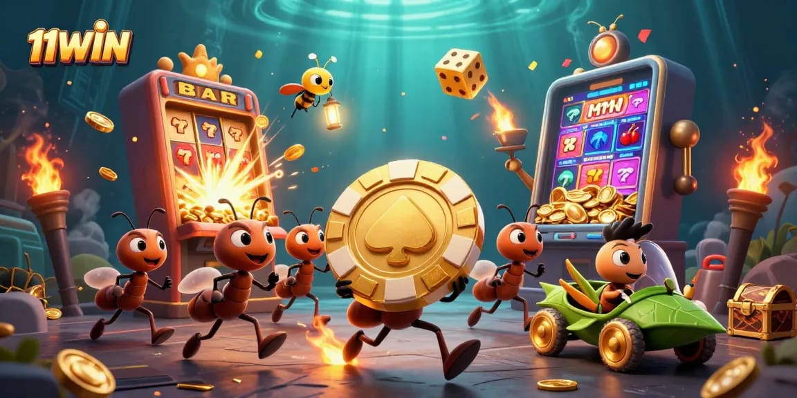 11WIN showcases ants heisting a giant poker chip amid a vibrant casino explosion.