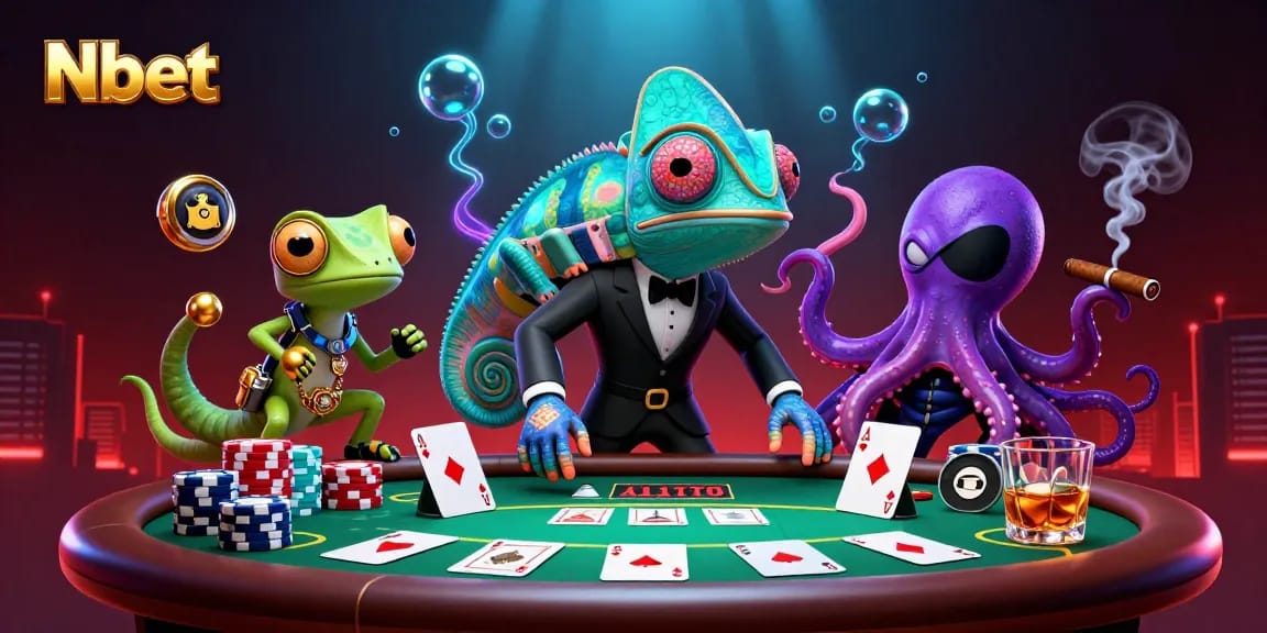 Nbet showcases a thrilling poker scene with a secret agent chameleon, a tech-gecko, and an octopus villain.