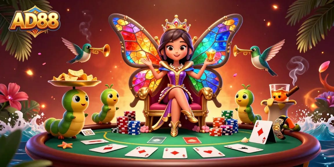 Engage in the thrilling world of AD88 with a vibrant 3D illustration featuring a colorful casino scene and interactive elements.