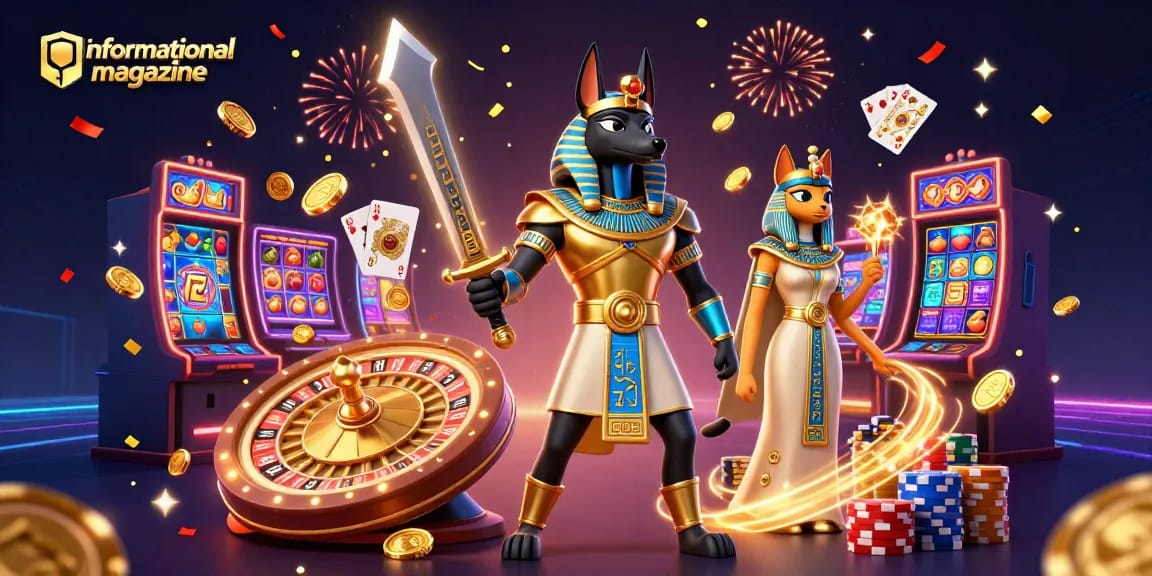 Engaging visual of an informational magazine showcasing a 3D illustration of casino elements with Anubis and Bastet.