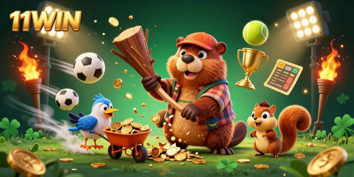 Experience the thrill of 11WIN with a cheerful beaver and vibrant sports elements in a dynamic 3D scene.