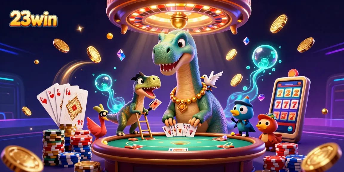 Experience thrilling gaming at 23win with a vibrant scene of 3D characters playing cards, surrounded by casino elements.