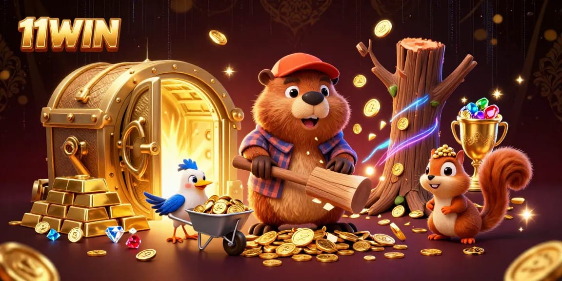 Engage with thrilling wins at 11WIN, showcasing a vibrant 3D casino scene filled with treasures.