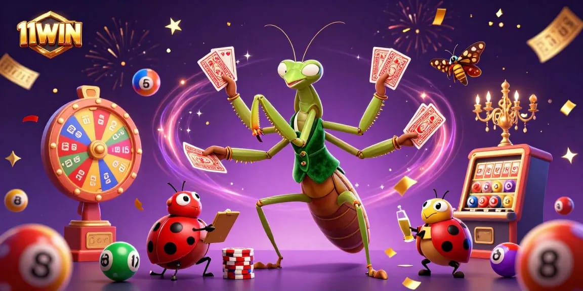 Engage in fun with 11WIN as a giant mantis deals cards and lottery balls bounce dynamically.