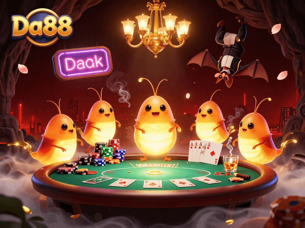 Experience thrilling gambling adventures at Da88 with vibrant glowworms in a dynamic casino scene.