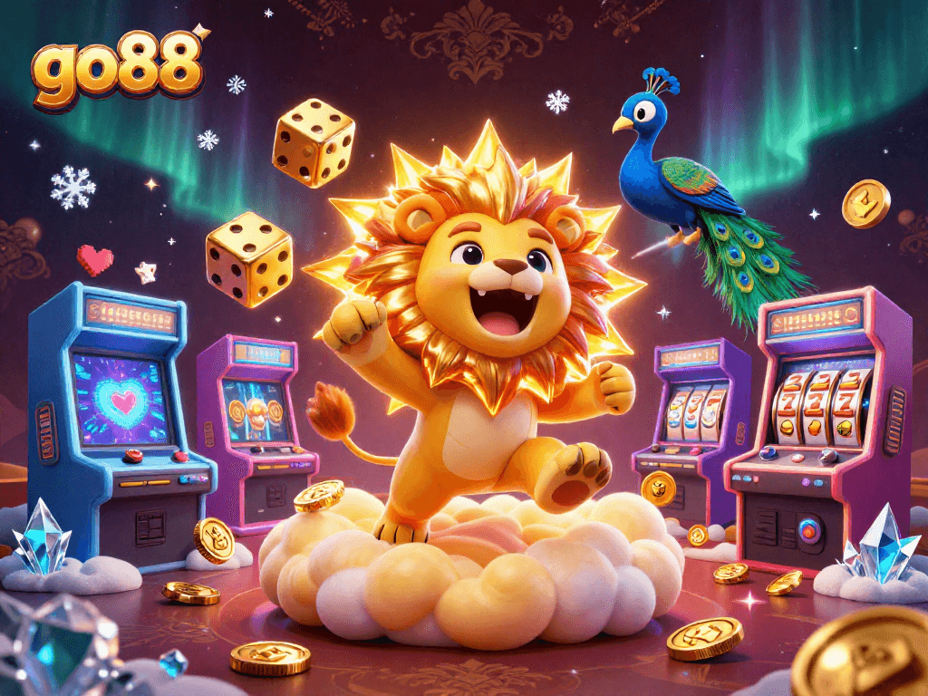 Engage with go88's vibrant casino universe, featuring a roaring lion on golden clouds and slot game elements.