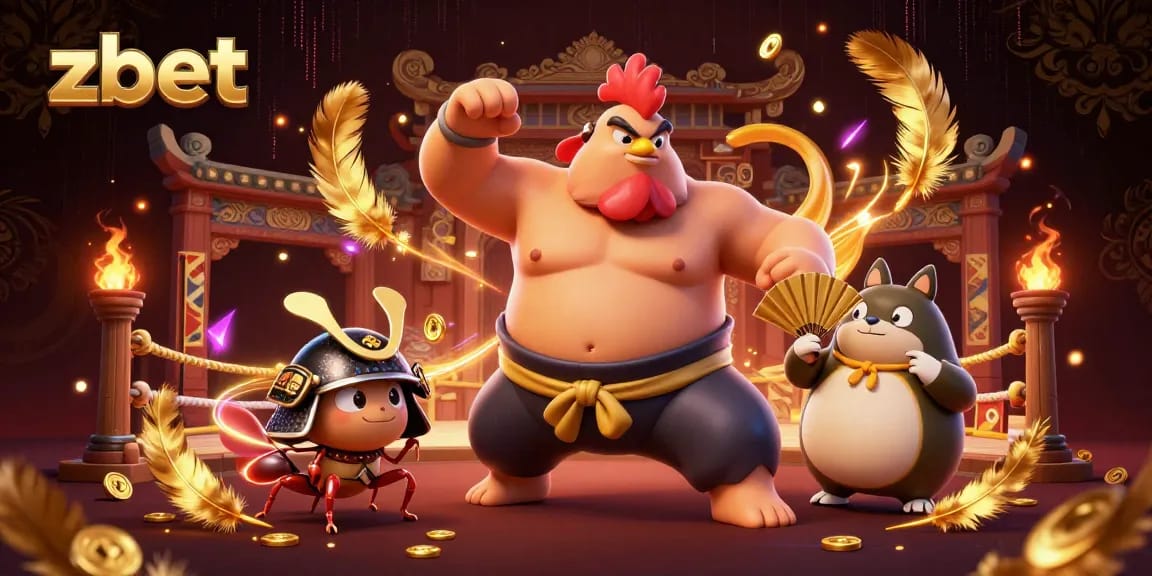 Zbet's gaming world unfolds, featuring a powerful sumo rooster, samurai cricket, and tanuki announcer amid exciting gambling elements.