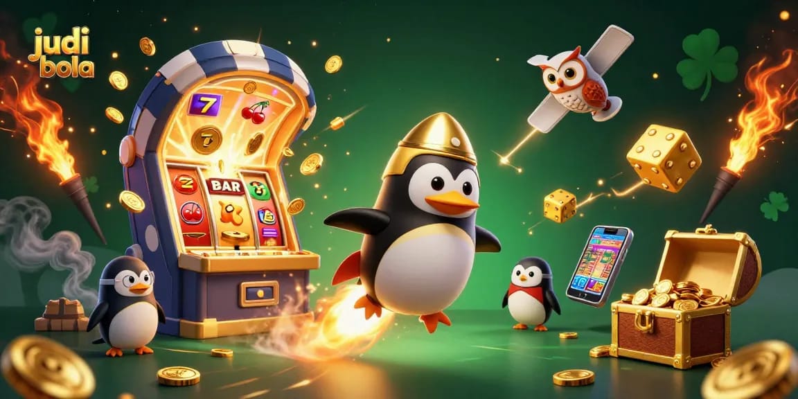 Experience exhilarating judi bola action with a golden penguin and casino elements bursting with excitement!