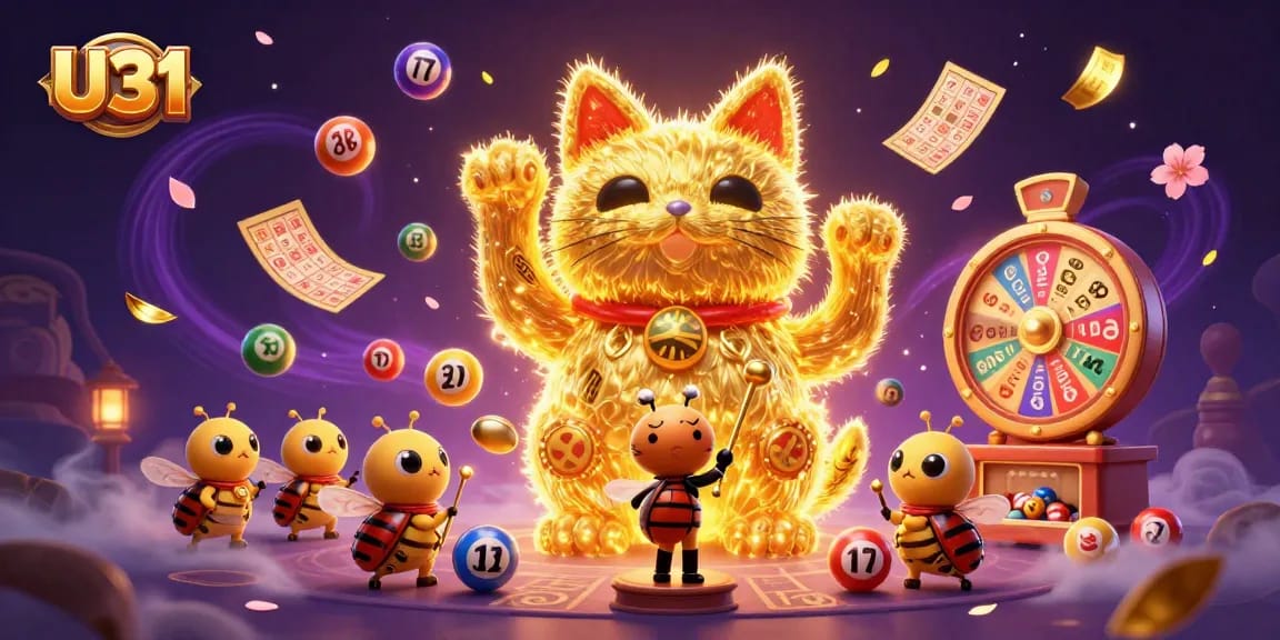 Experience thrilling gameplay with U31's golden lucky cat, symbolizing fortune in vibrant casino scenes.