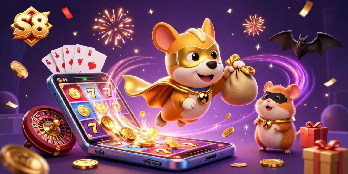 S8 offers exciting casino thrills featuring a superhero dog with gold coins, showcasing gambling action in a rich digital illustration.