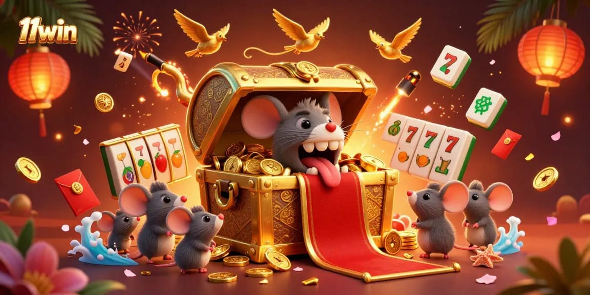 11WIN captures the thrill of slot games with a vibrant casino adventure scene filled with colorful elements.