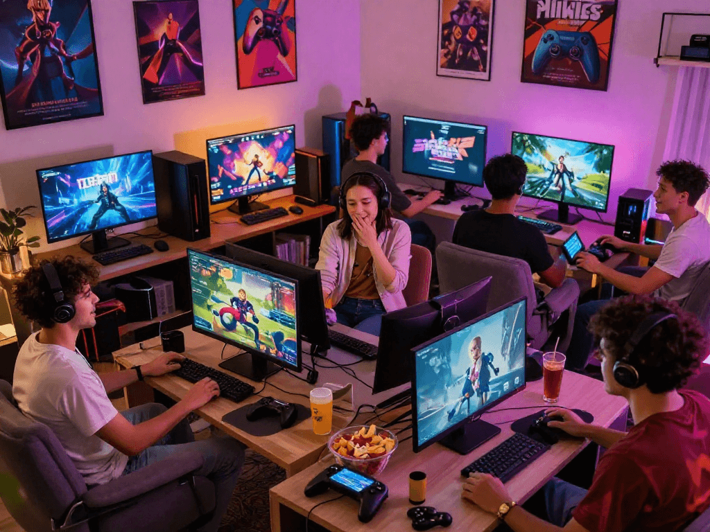 Enjoying popular sex games together in a cozy gaming scene
