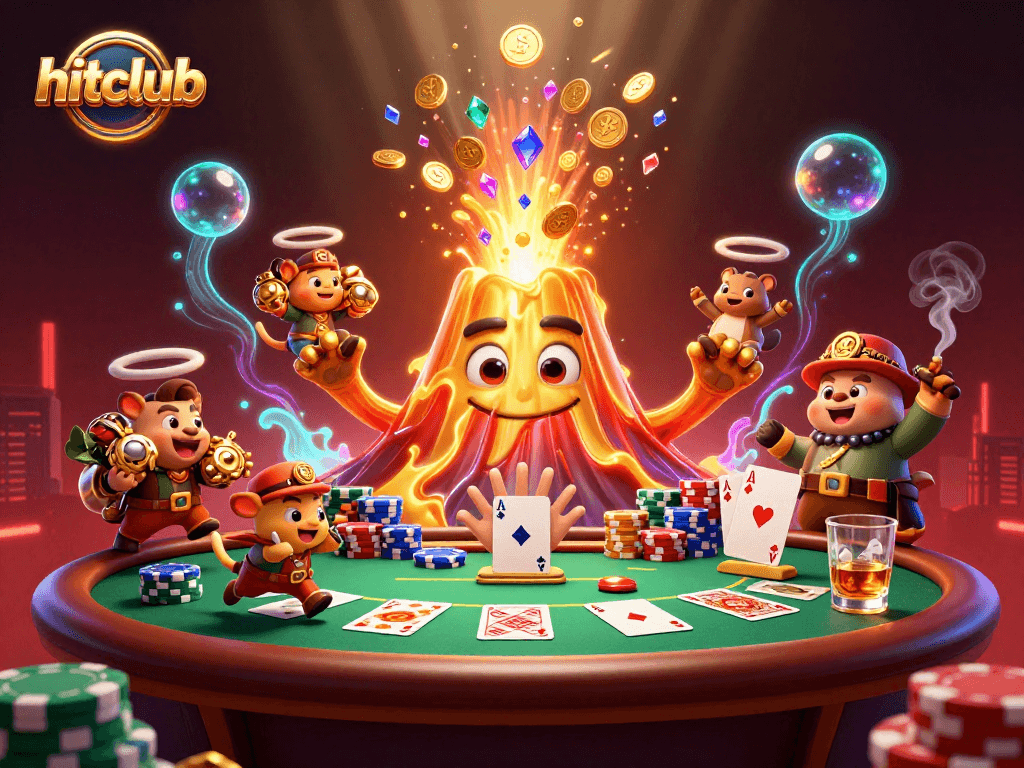 Hitclub brings excitement with a vibrant volcano erupting coins, flourishing poker elements, and dynamic treasure exploration.
