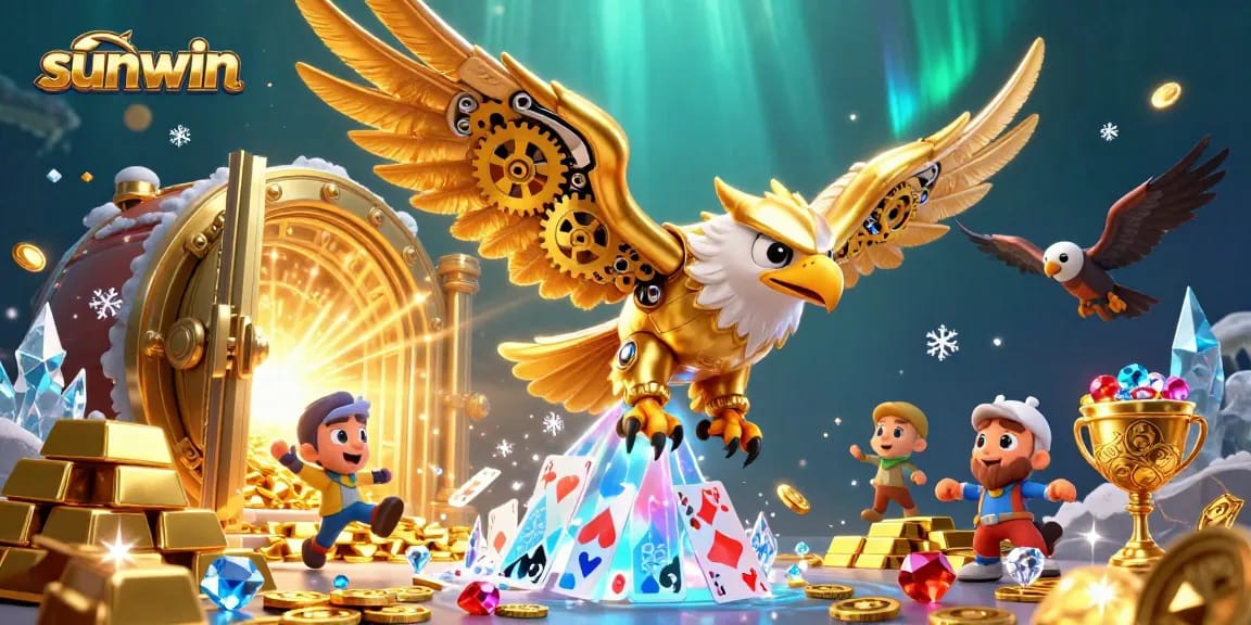 Experience the thrill of sunwin with cybernetic eagles amidst treasure and holographic cards.