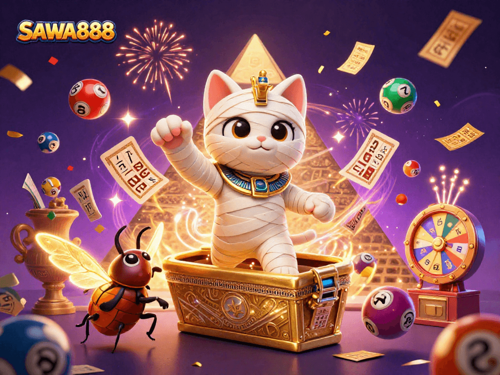Experience the thrill of SAWA888 with vibrant casino action featuring a mummy cat, glowing scarab, and dynamic gameplay elements.