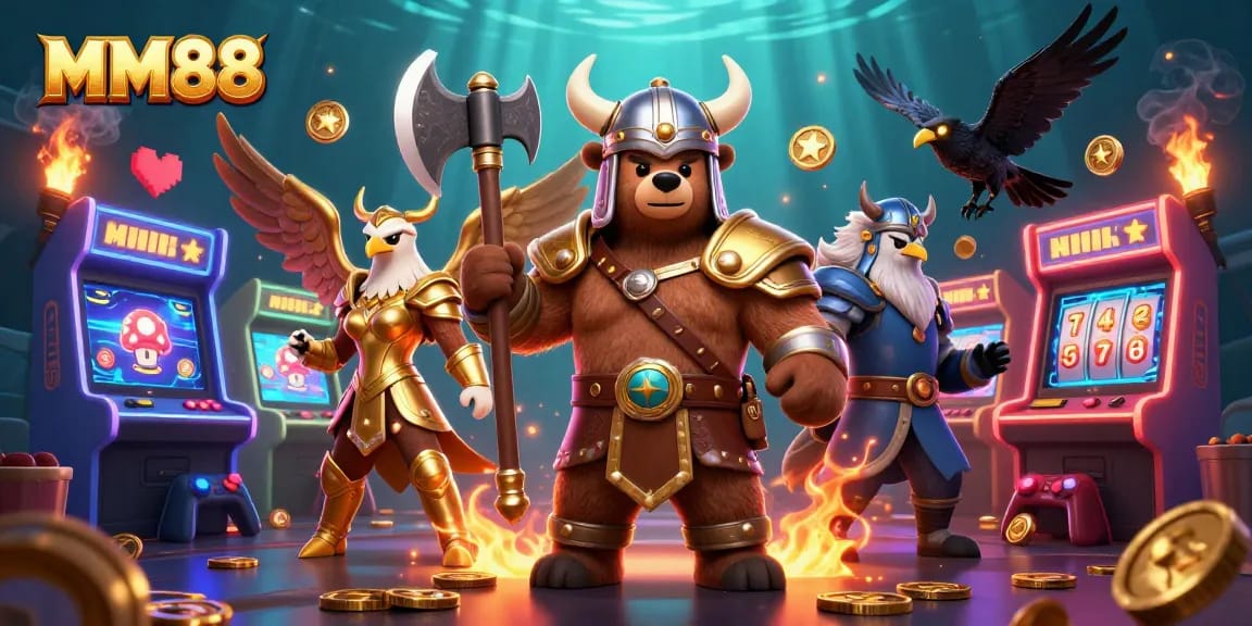 Experience thrilling gameplay with MM88 in a vibrant, action-packed casino scene featuring dynamic characters and elements.