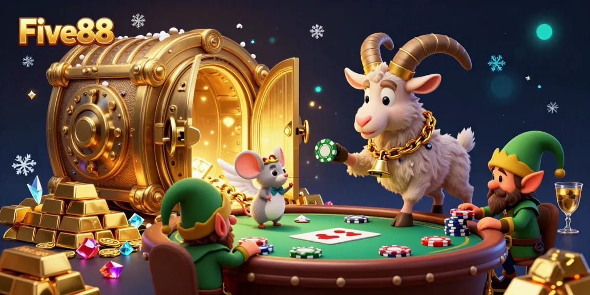 Experience thrilling gameplay at Five88 with vibrant characters in a festive holiday casino scene.