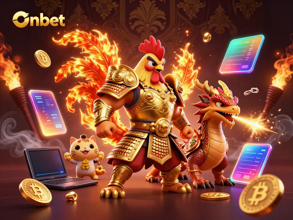 Onbet showcases a dynamic scene with a warrior rooster and dragon in a vibrant casino atmosphere.