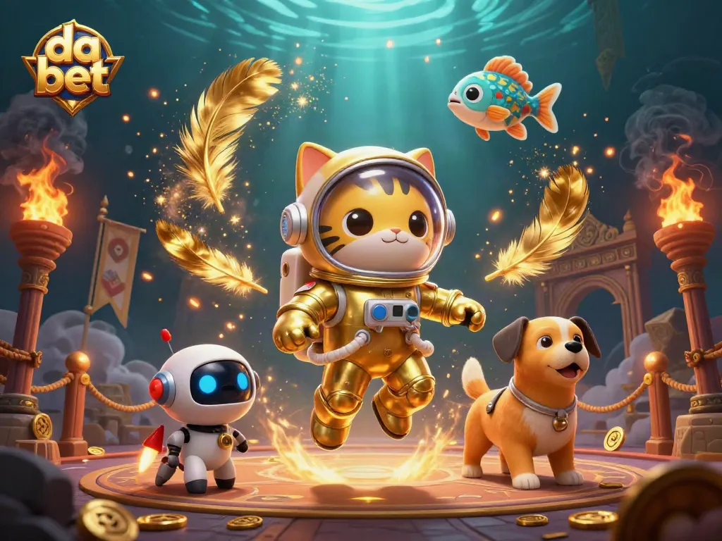 Engage with da bet's immersive experience through dynamic gaming scenes featuring a space astronaut cat and robot dog.