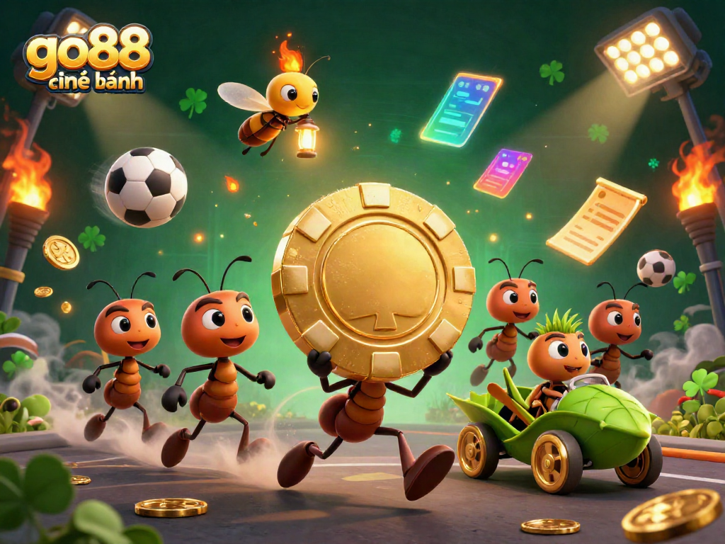 Experience go88 chính hãng with a fun heist scene featuring cartoon ants, sports elements, and vibrant casino action.