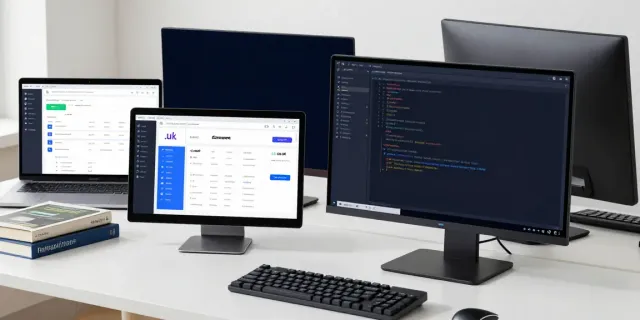 buy .uk domain in a modern tech workspace with coding interfaces, innovative software, and vibrant tools.